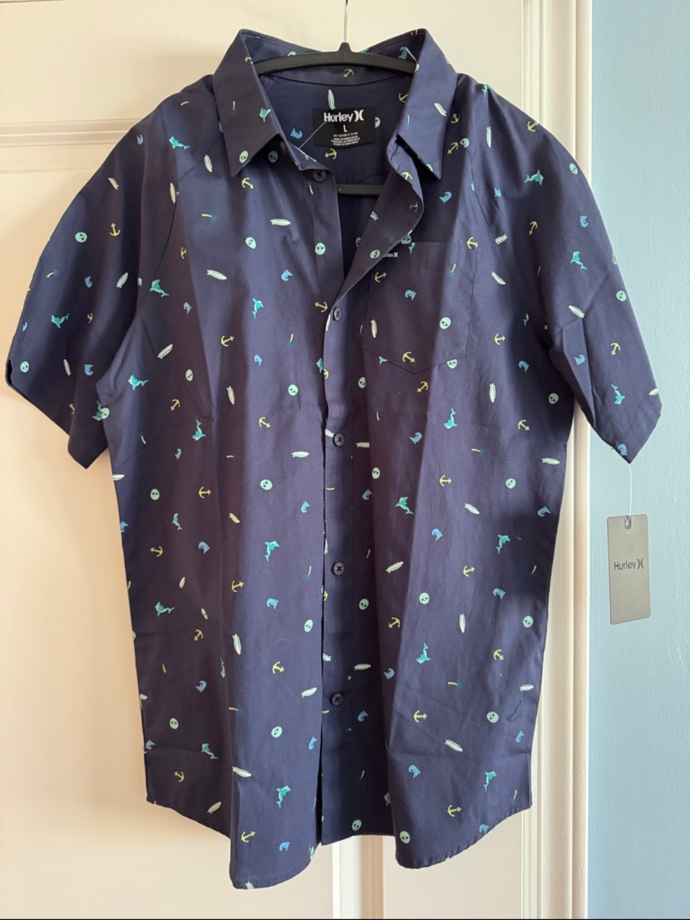 Hurley Men’s Navy Short-Sleeve Button-Down with Teal & Lime Print